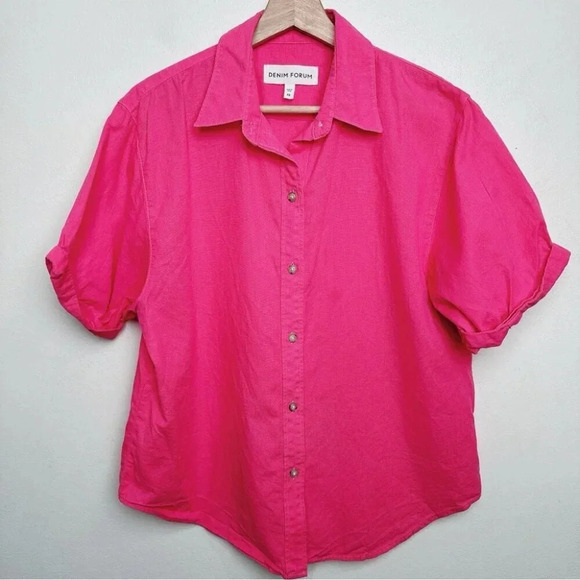 Aritzia Denim Forum Womens Size Xsmall Button Hot Pink  Roll Sleeve Jane Shirt - Picture 2 of 15